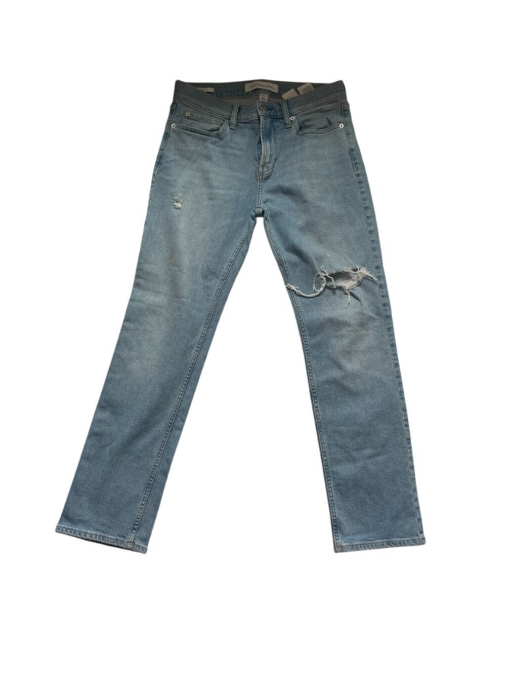 Calvin Klein Men's 29x30 Light Wash Distressed Straight Leg Jeans.